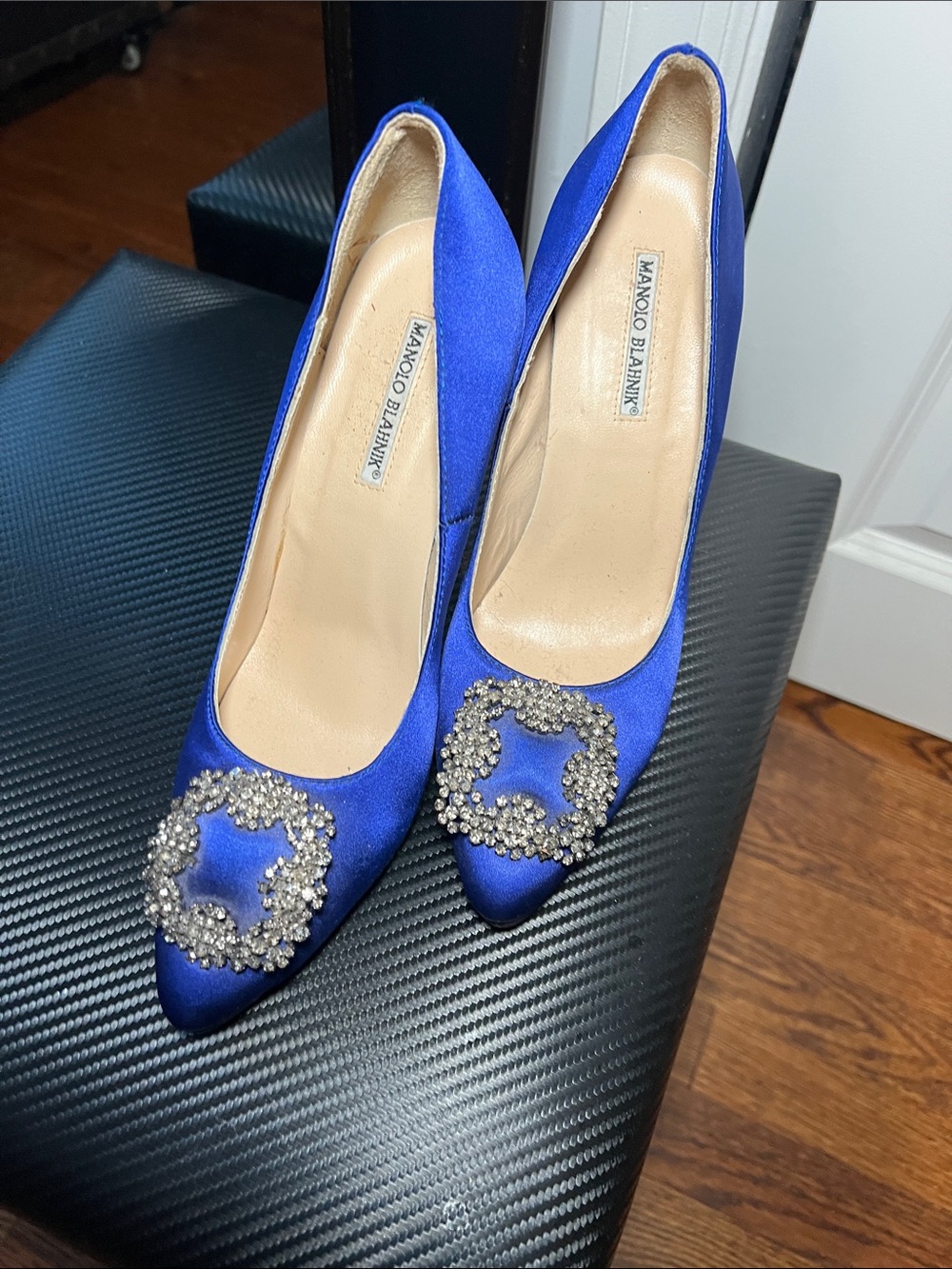 Royal Blue Satin Pointed-Toe Pumps with Crystal Buckle